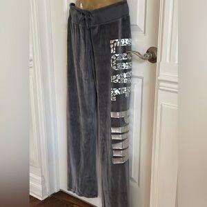Victoria’s Secret PINK dark grey velour pants with silver print. Size Small